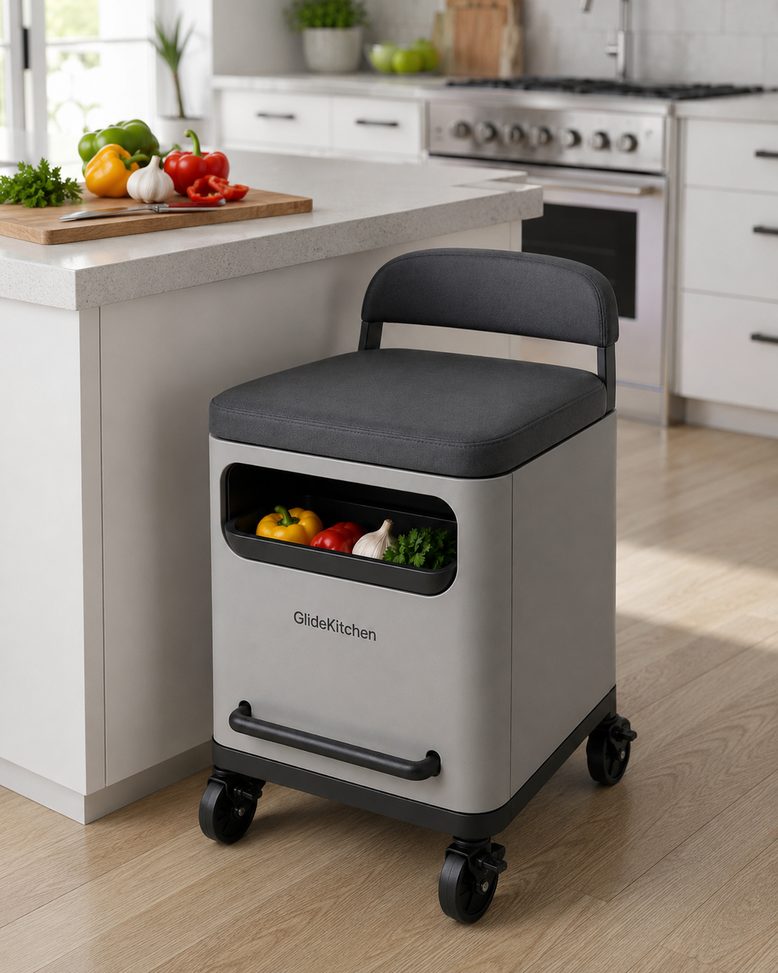 Asiento de cocina con ruedas GlideKitchen junto a una encimera blanca