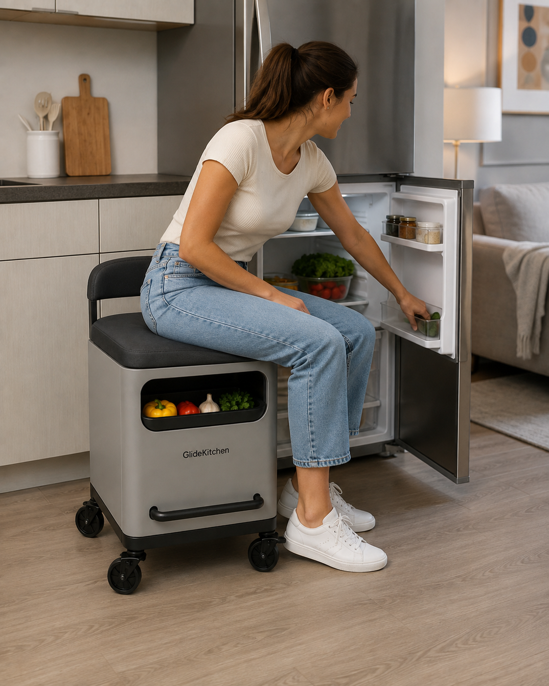 Persona sentada en GlideKitchen alcanzando alimentos en un mueble bajo