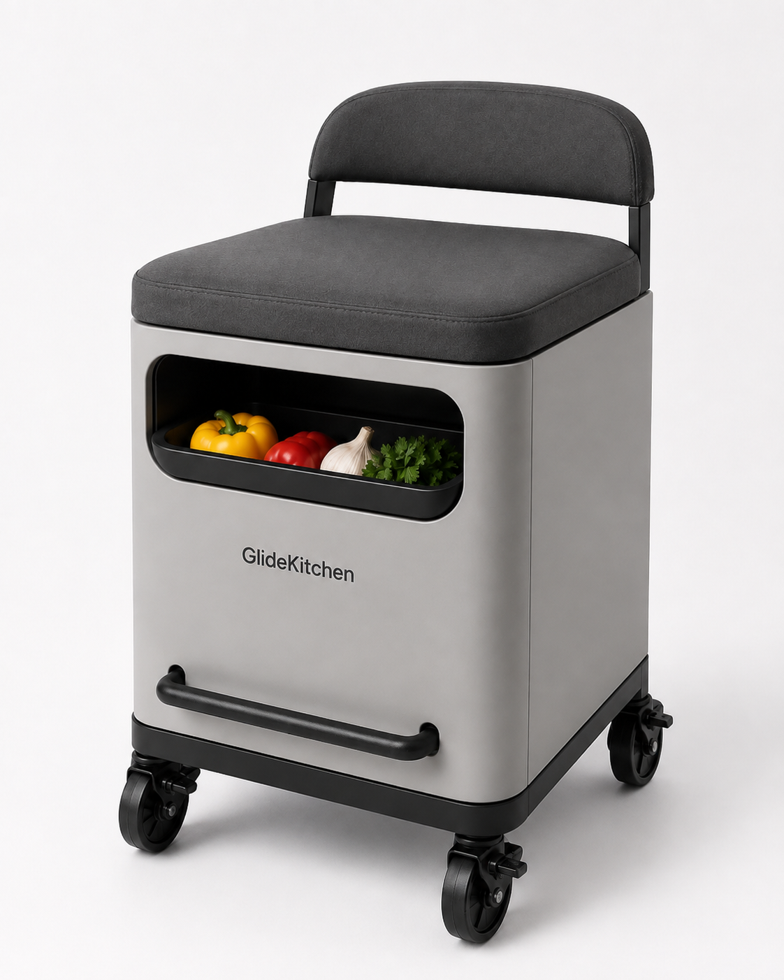 GlideKitchen, asiento alto de cocina con ruedas y asiento acolchado, sobre fondo claro