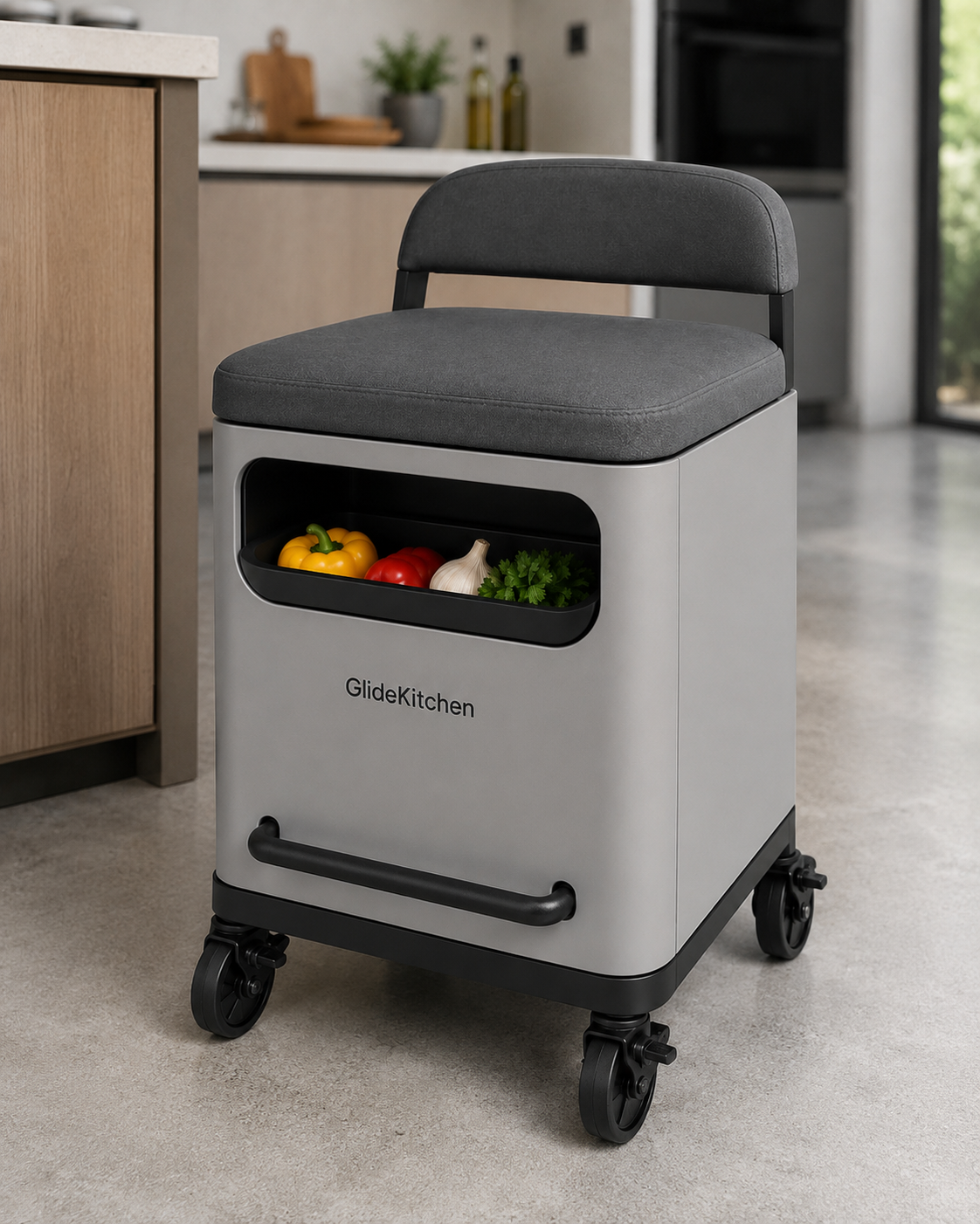 Asiento móvil GlideKitchen junto a muebles de cocina en un espacio contemporáneo